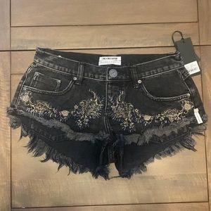 One X One Teaspoon Embellished Black Denim Shorts